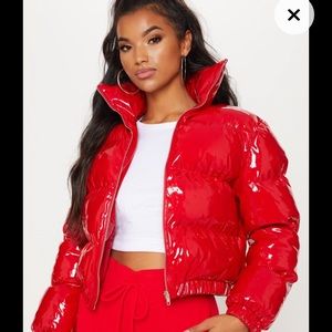 Red puffer jacket